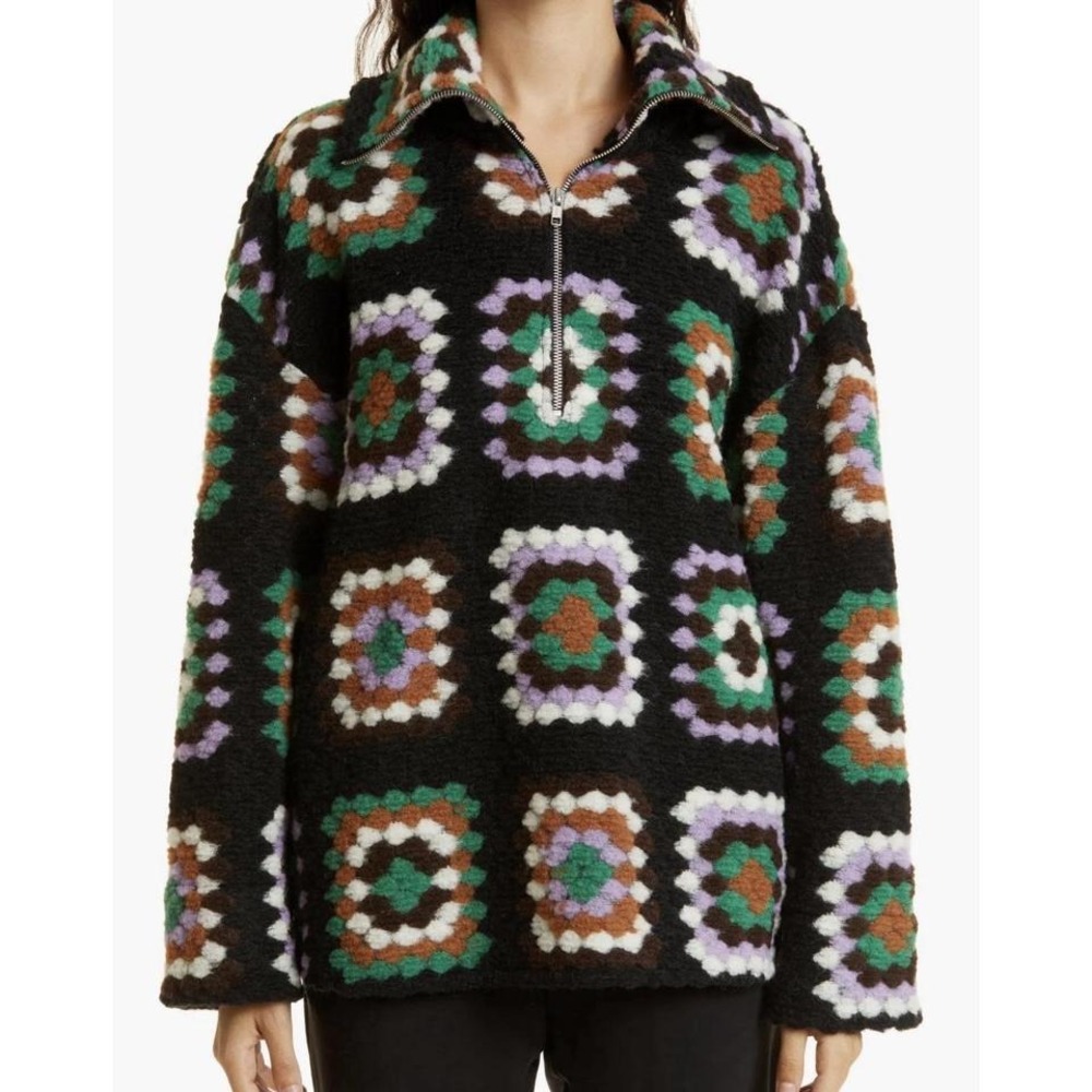 Samsøe Samsøe Tess Crochet Wool Blend Half-Zip Pullover Granny Square Wool Blend